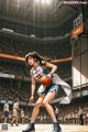 A woman holding a basketball on top of a basketball court.