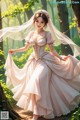 A woman in a wedding dress standing in the woods.