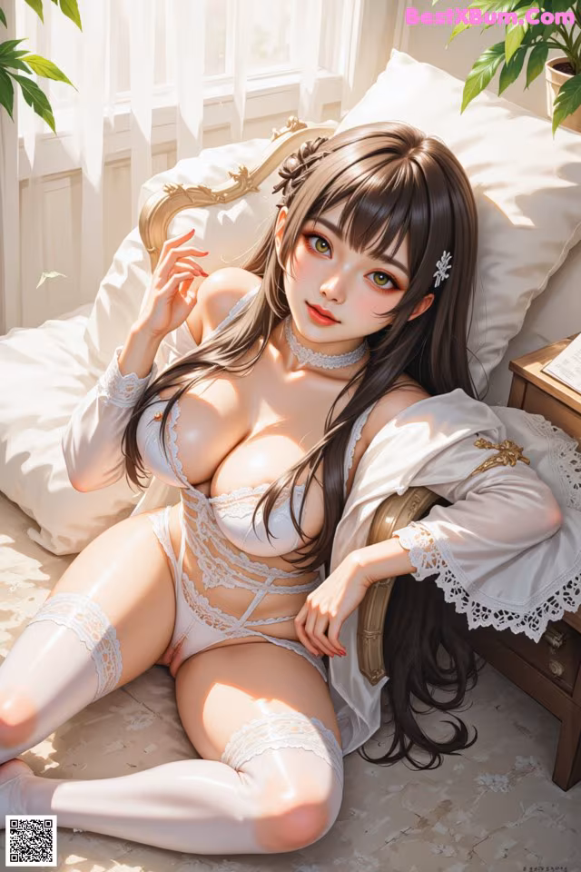 A woman in white lingerie and stockings poses on a bed with sunlight streaming through the window.